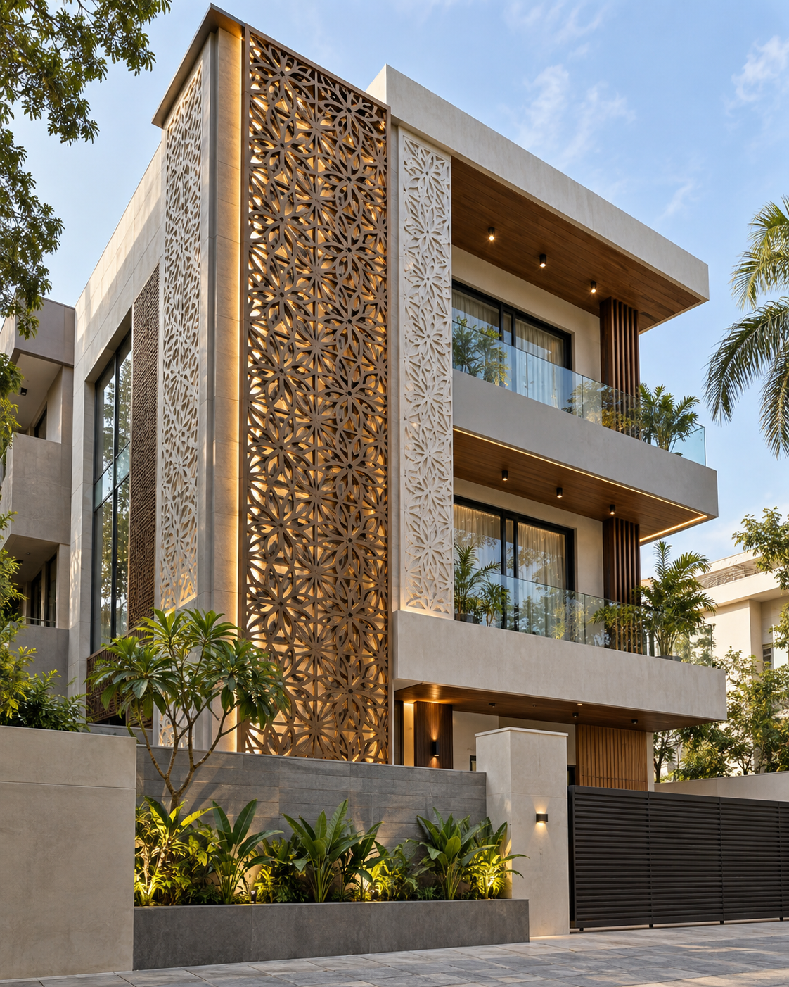 Modern home elevation with tall illuminated ornamental screens